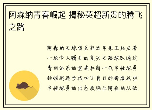 阿森纳青春崛起 揭秘英超新贵的腾飞之路 阿森纳青春崛起 揭秘英超新贵的腾飞之路