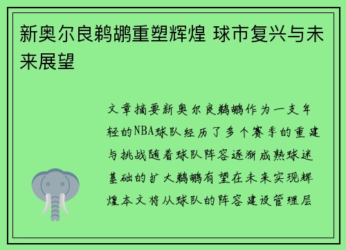 新奥尔良鹈鹕重塑辉煌 球市复兴与未来展望 新奥尔良鹈鹕重塑辉煌 球市复兴与未来展望